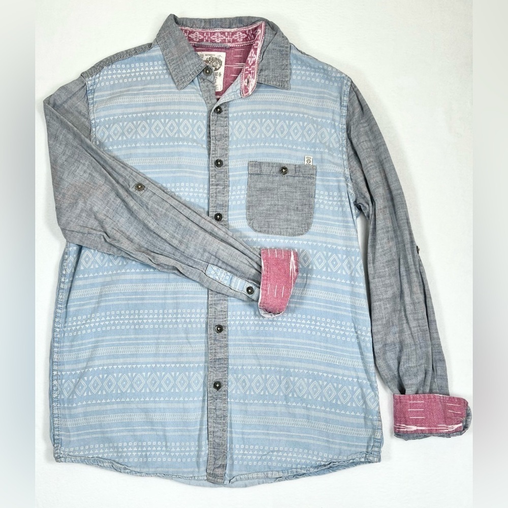 THIRD & ARMY Long Sleeve Button Down Geometric Aztec‎ Print Flip Cuffs Medium